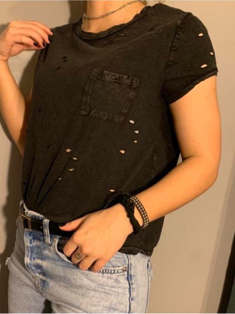 American Eagle Outfitters Black Distressed Short Sleeve Pocket Tee